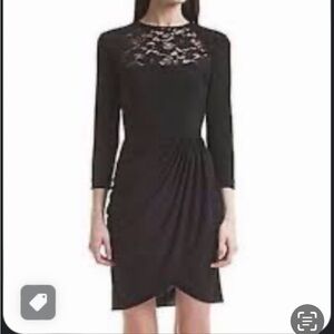 Belle Badgley Mischka Long Sleeve Lace Front with Ruched Skirt Dress in Black